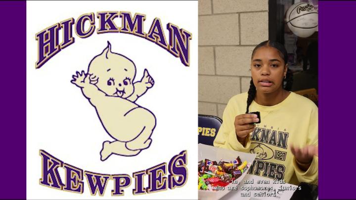 Hickman Kewpie logo and a student wearing a yellow shirt